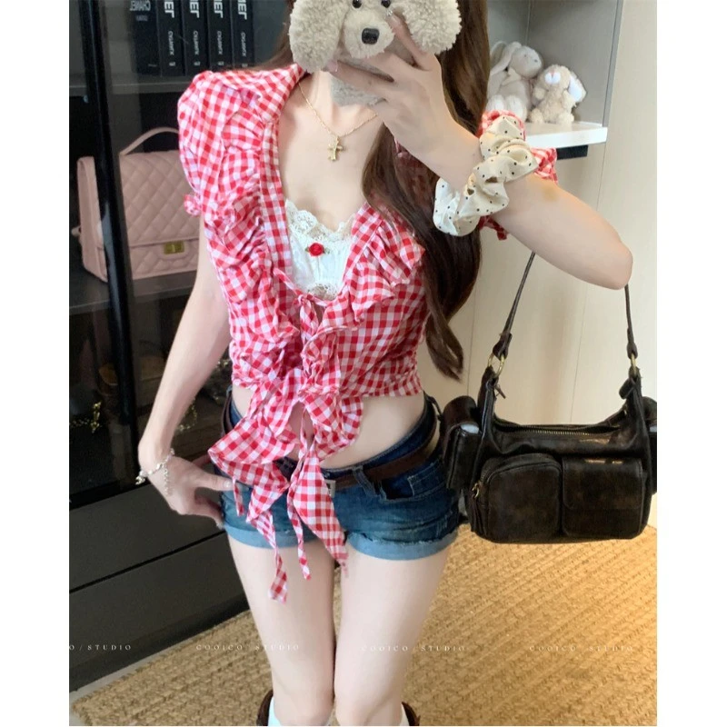 辣妹荷叶边绑带红色格子短袖衬衫女夏季设计感短款衬衣上衣