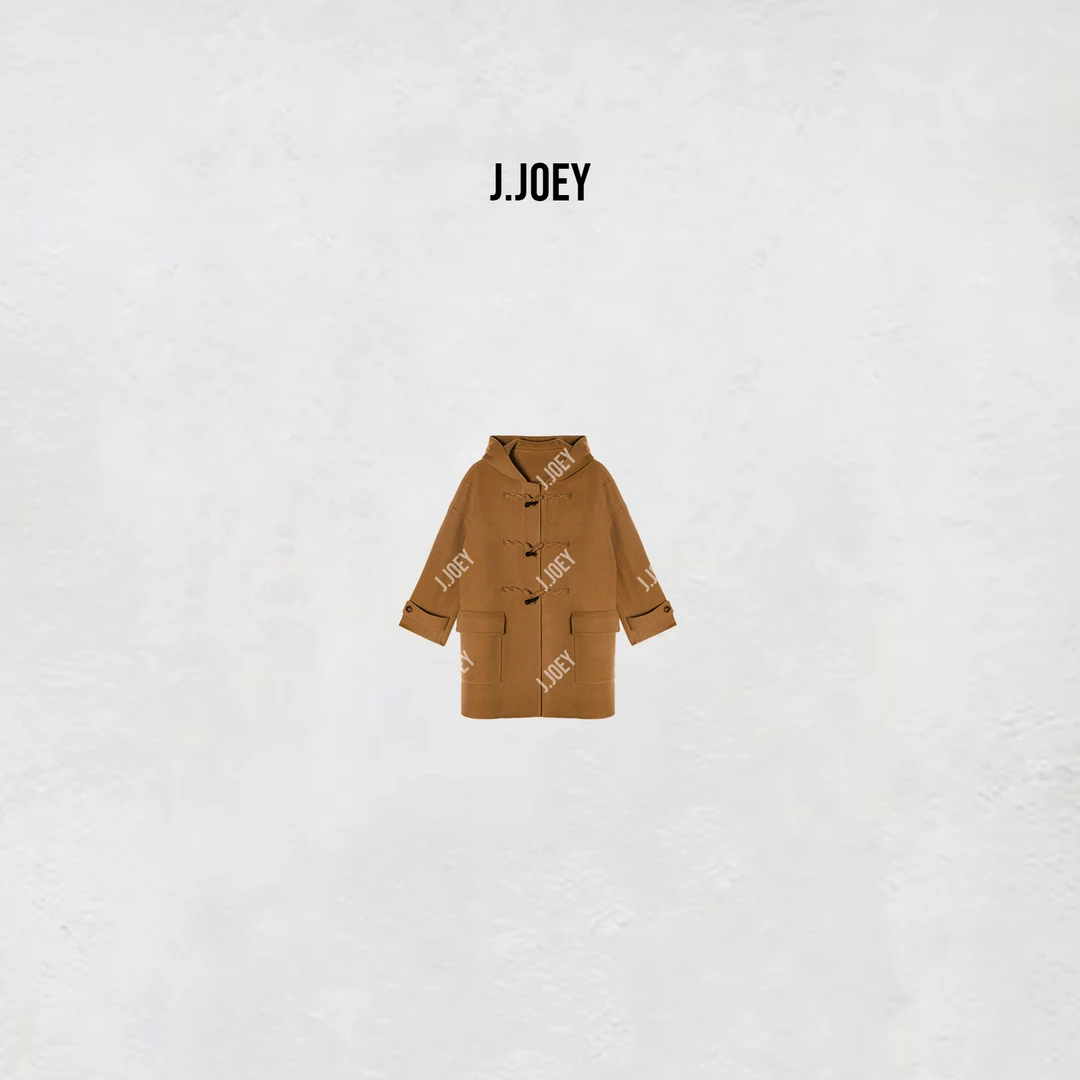 J.JOEY 100绵羊毛秋冬卡其色连帽双面尼中长款大衣风衣外套 0684