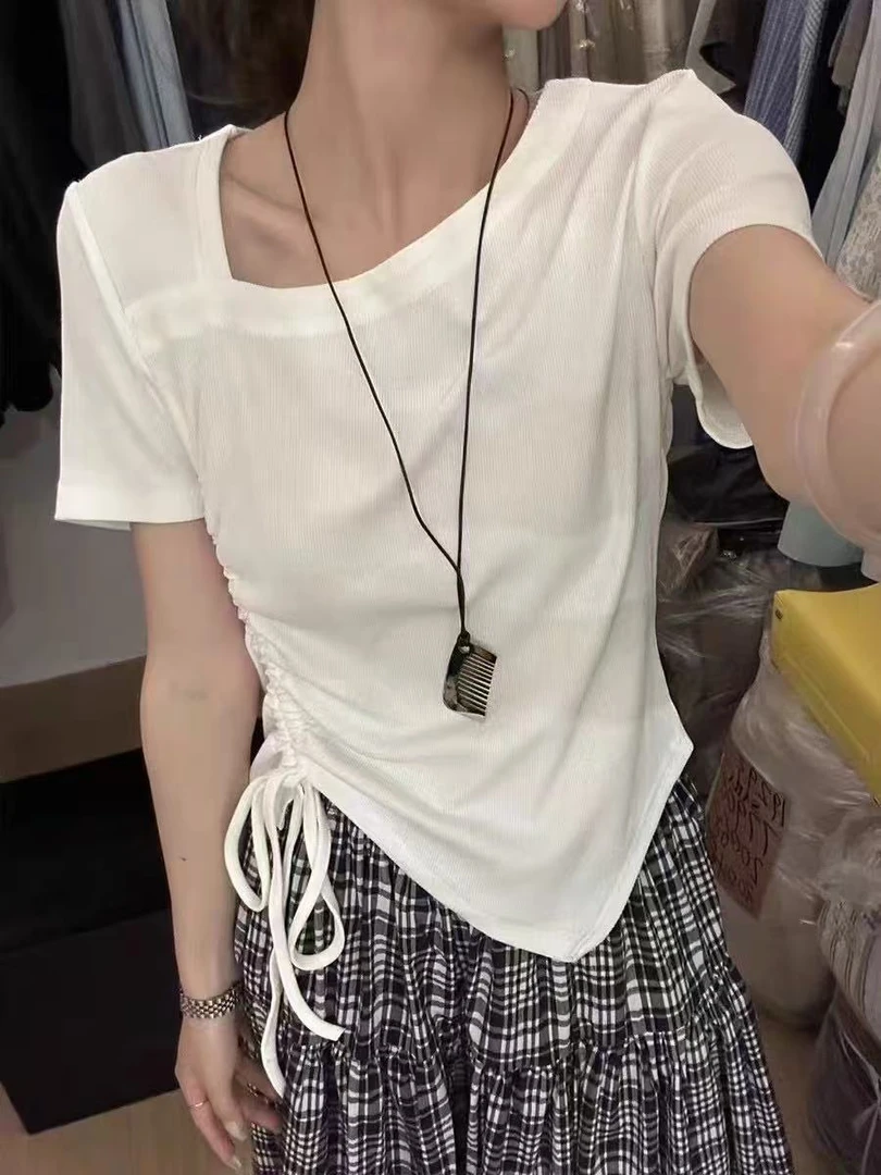 （刘敏服装）9308款 不规则抽绳短袖T恤夏季纯色简约显瘦上衣设计感