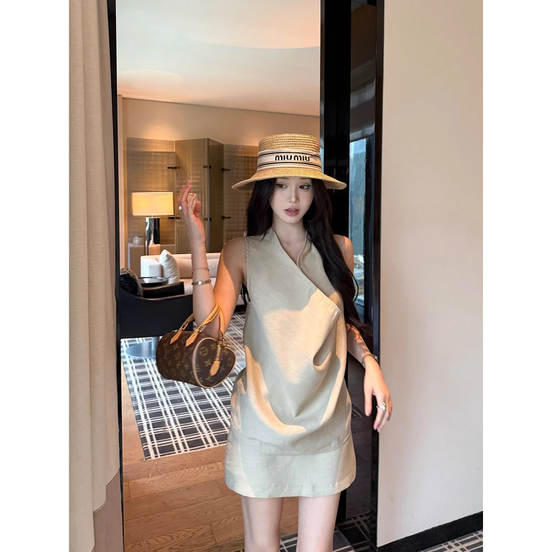 不冷BULENG 羊毛 气质休闲背心荡领裙子简约无褶短裙半身裙套装