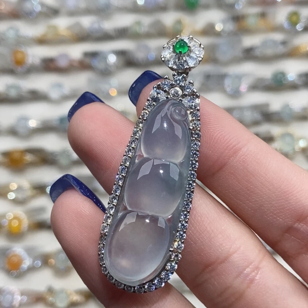 翡翠银S925镶嵌颈饰纯天然缅甸翡翠A货福豆