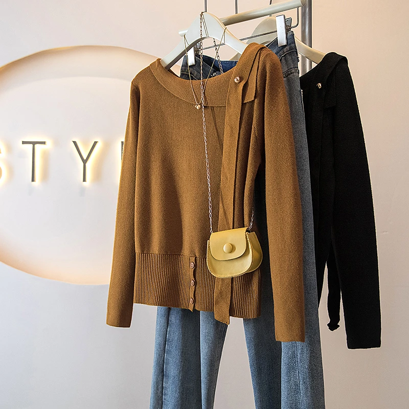 法式气质斜肩正肩针织衫女秋季大码胖mm显瘦高级感内搭打底衫上衣