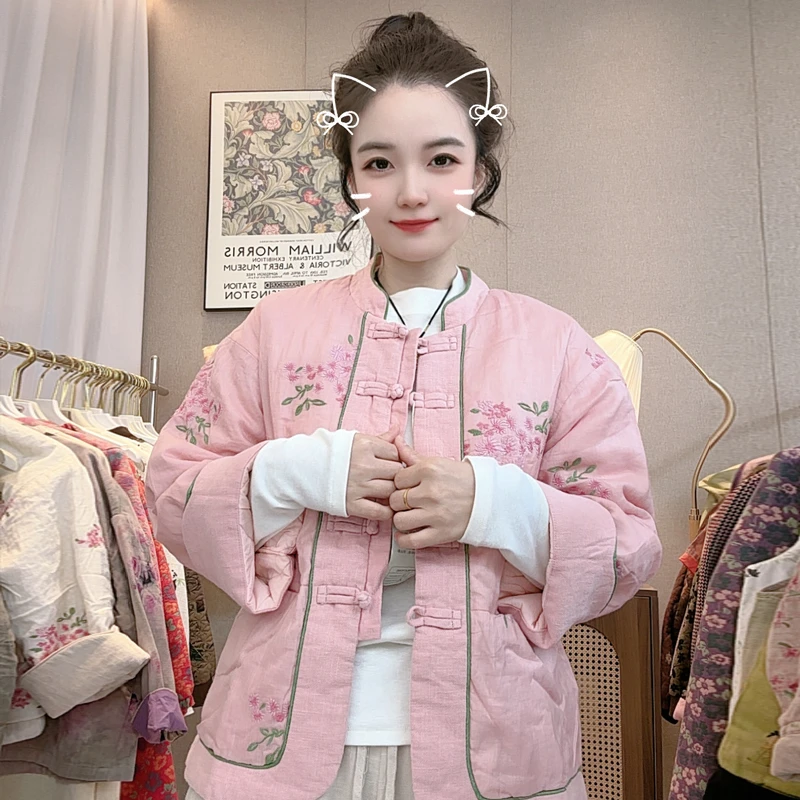 新中式盘扣苎麻刺绣棉衣女冬季复古立领棉服禅意夹棉保暖棉袄外套