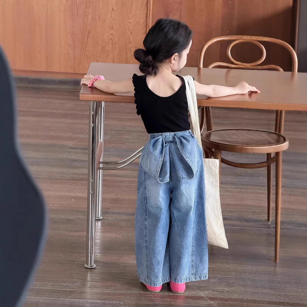2025韩系夏季女童洋气时髦蝴蝶结阔腿薄款牛仔裤大蝴蝶结牛仔裤