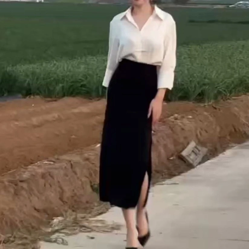 新款时尚气质POLO领上衣高腰开叉半身裙女装2