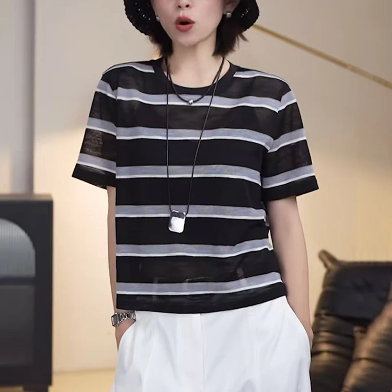 黑白条纹短袖t恤女2025夏季时尚洋气减龄宽松显瘦薄款针织衫上衣