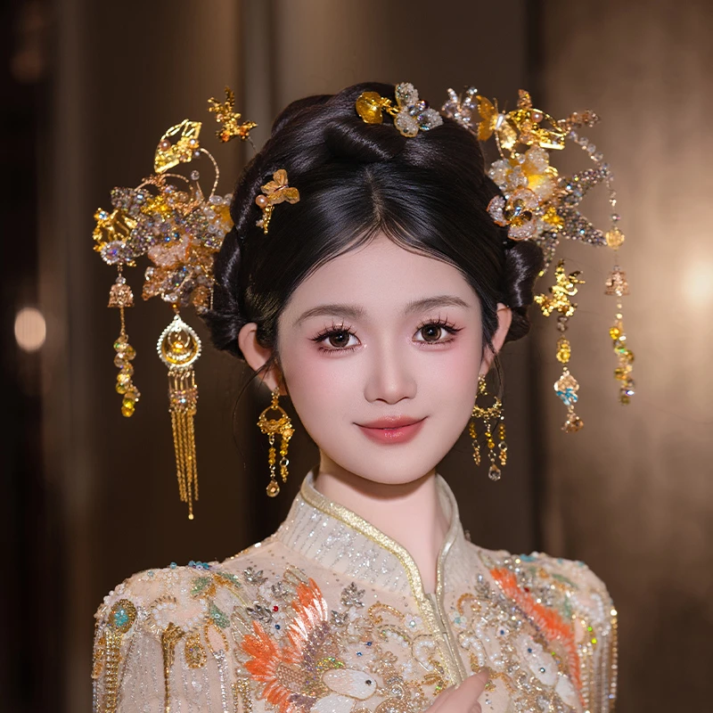 合金婚庆饰品 新娘减龄温柔秀禾发饰古风流苏铃铛龙凤褂配饰D0473