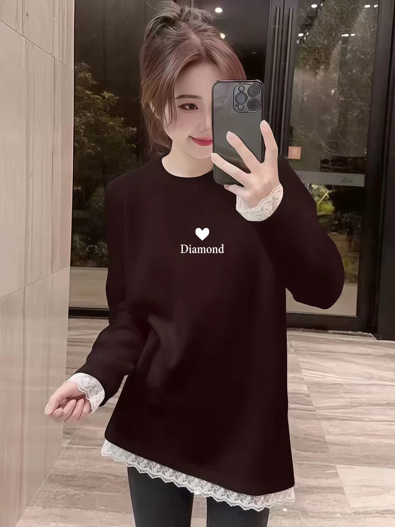 加厚款磨毛中长款蕾丝花边打底衫女士长袖t恤胖MM时尚百搭上衣服