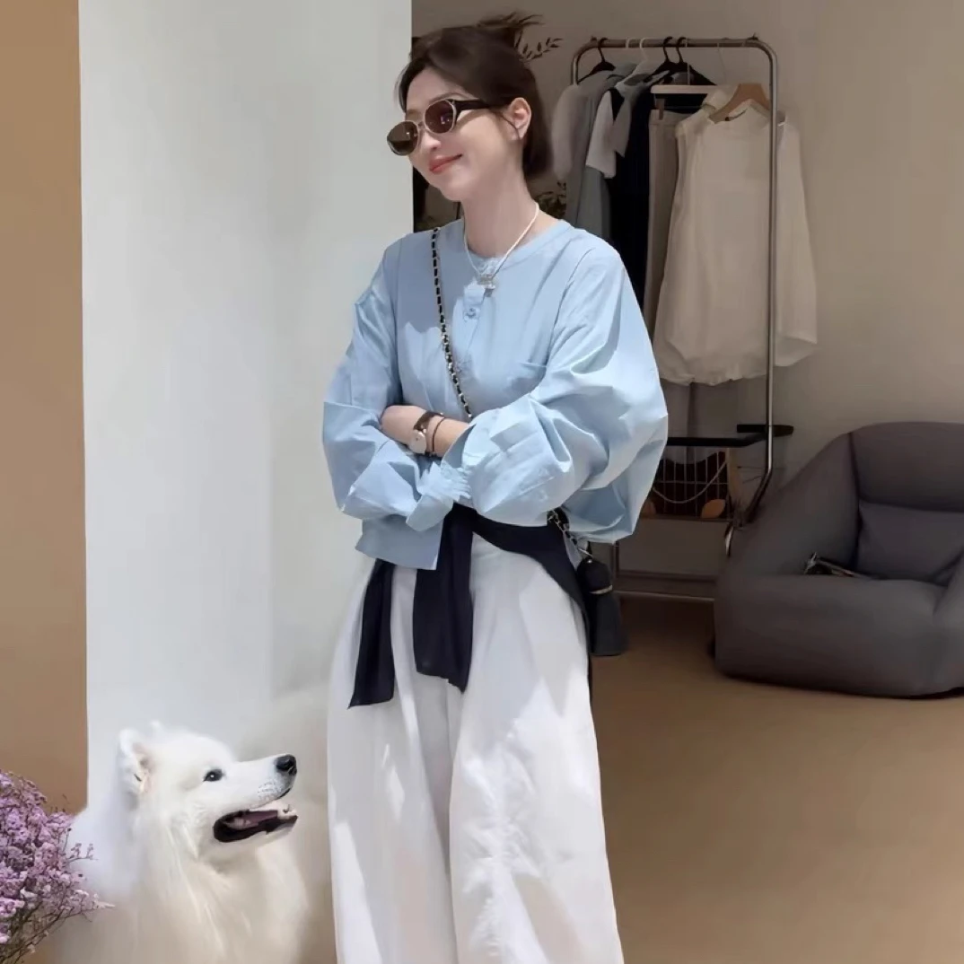 韩系时尚松弛感穿搭套装女2025秋季慵懒风披肩+长袖衬衫春季