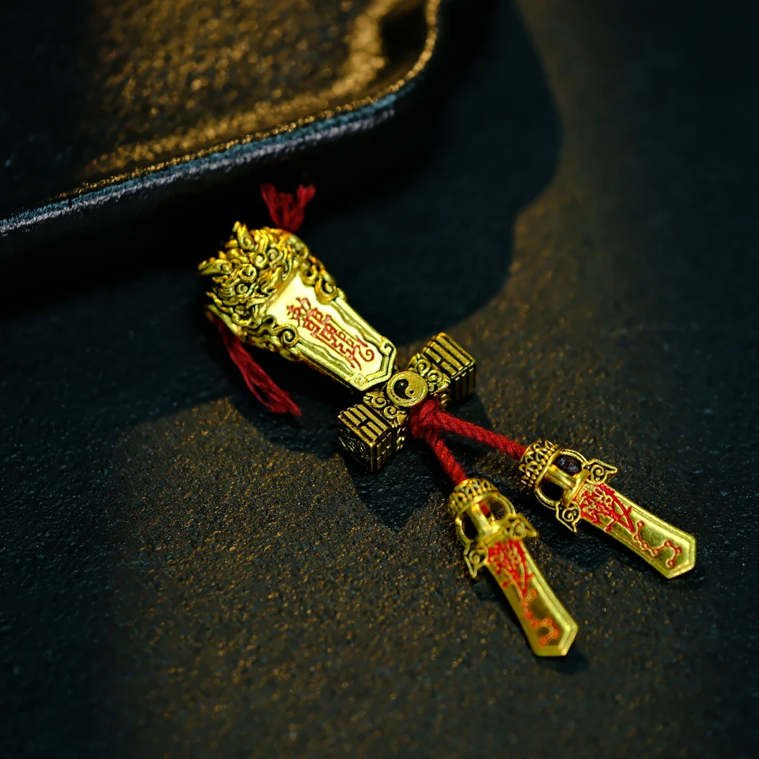 水贝黄金足金山鬼花钱 三通道家传统文化巫是云文玩 (不含链，绳)