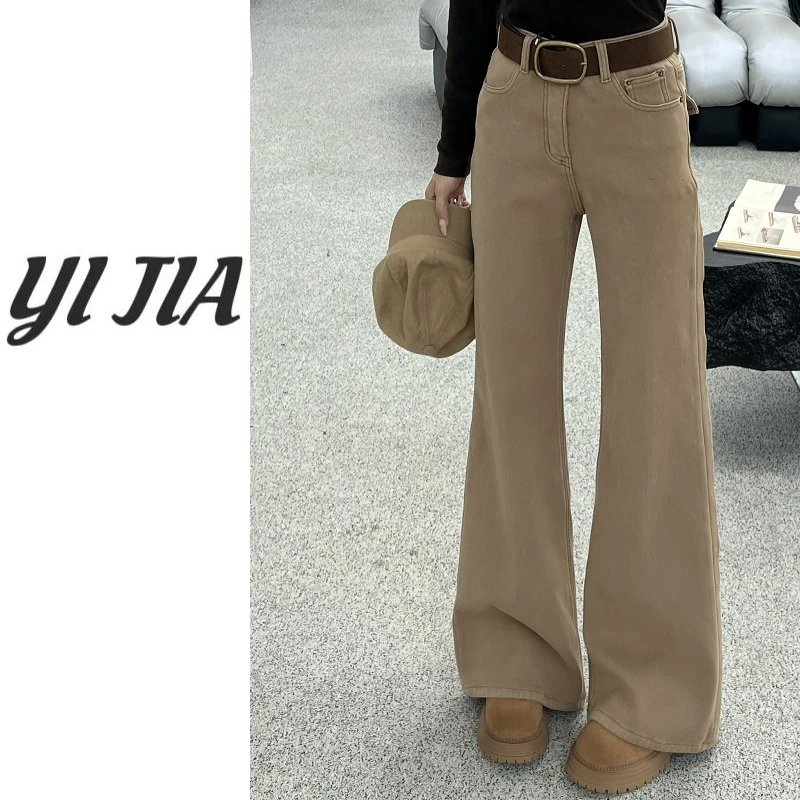 【壹家】YJ72#310/摩登裤/四面弹微喇裤加绒牛仔裤女休闲刺绣筒喇裤