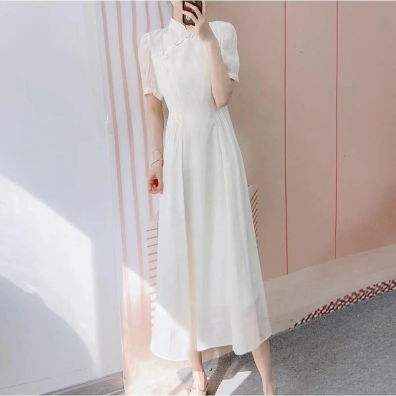 028清C3夏季汉派时尚新中式盘扣短袖温柔连衣裙8028