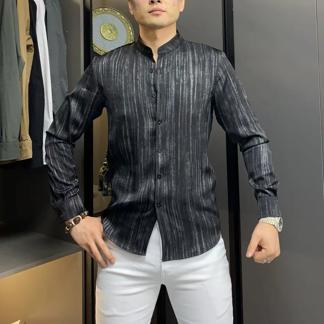 2025秋季新款扎染休闲男士修身国风立领暗褶轻薄长袖衬衫衬衣条纹