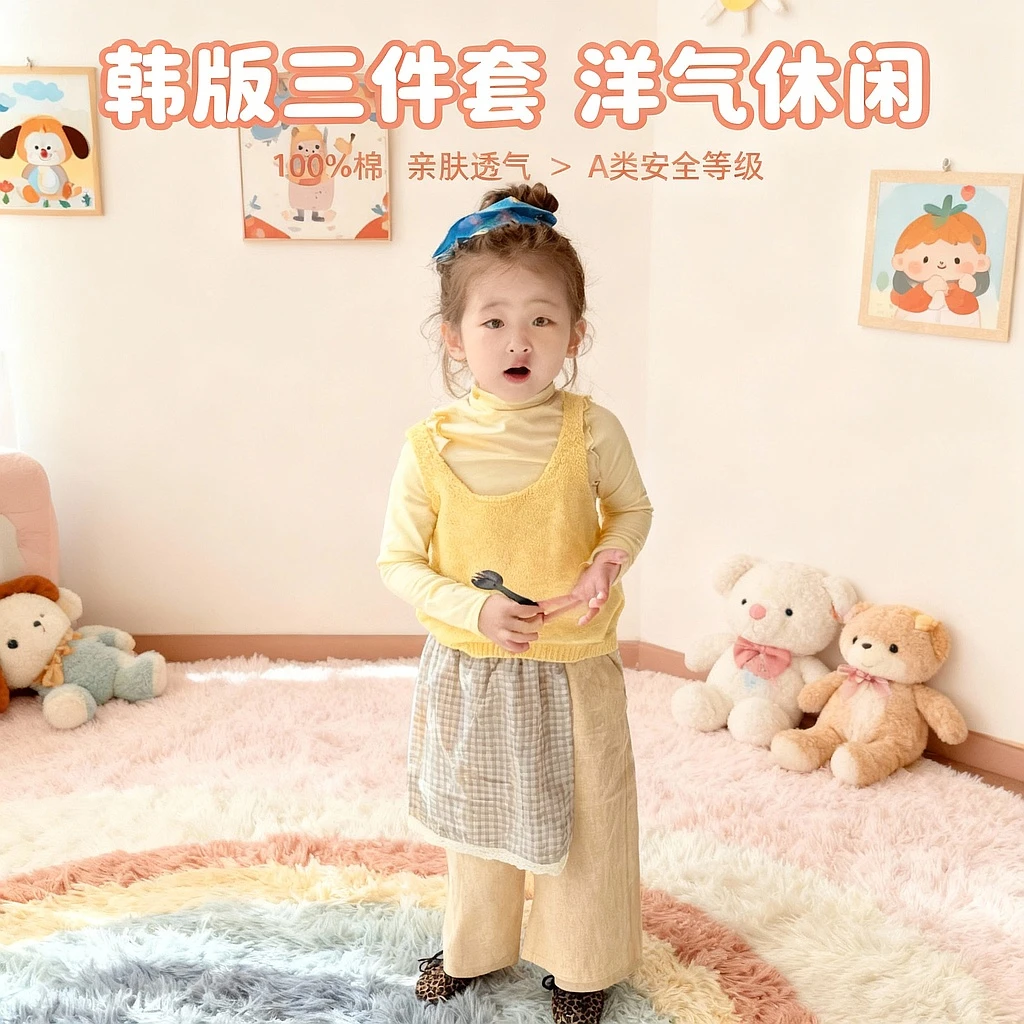 女童2025秋季新款韩版洋气休闲针织吊带马甲打底上衣屁帘长裤套装