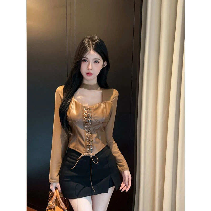 韩版气质修身网纱拼接PU皮设计感系带潮流短款T恤半身裙裤两件套