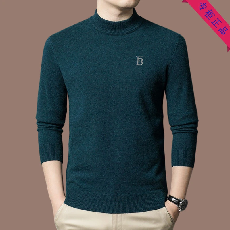 【专柜-正品】高档品牌冬季半高领男士毛衣男刺绣款羊毛休闲打底衫