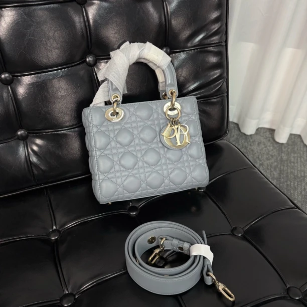 95新 DIOR/迪奥 雾霾蓝四格戴妃徽章斜挎包sdm