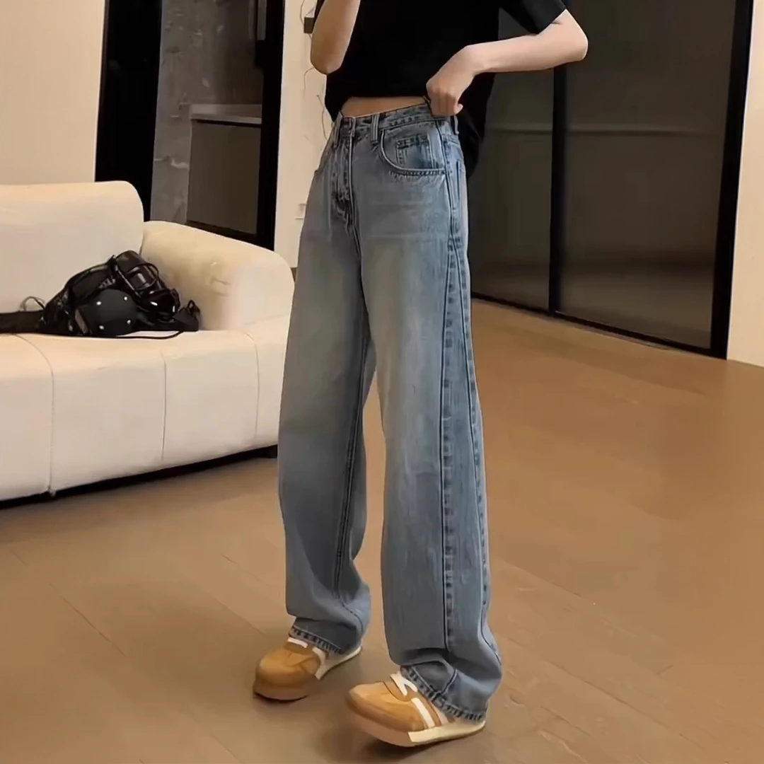 复古牛仔裤女春季2025新款高腰显瘦直筒裤小个子窄版阔腿拖地长裤