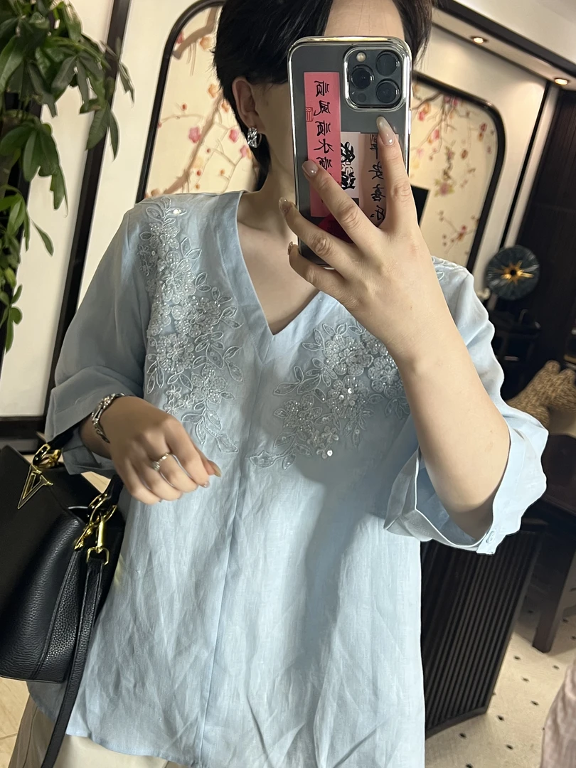 【简裳·自制】2025法式蓝色高端亚麻衬衫高级感V领轻薄上衣