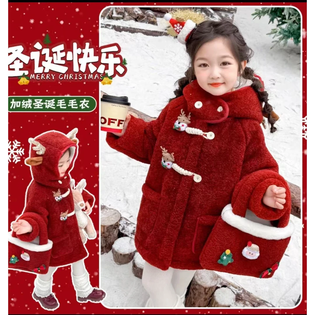 女童加绒加厚外套冬装圣诞麋鹿毛毛大衣女童红色外套圣诞喜庆款