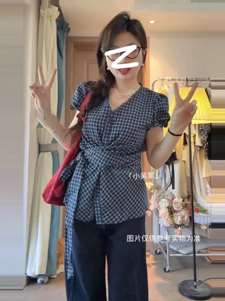 「小吴家」2025夏季新款大码女装韩系设计感格纹绑带衬衫上衣
