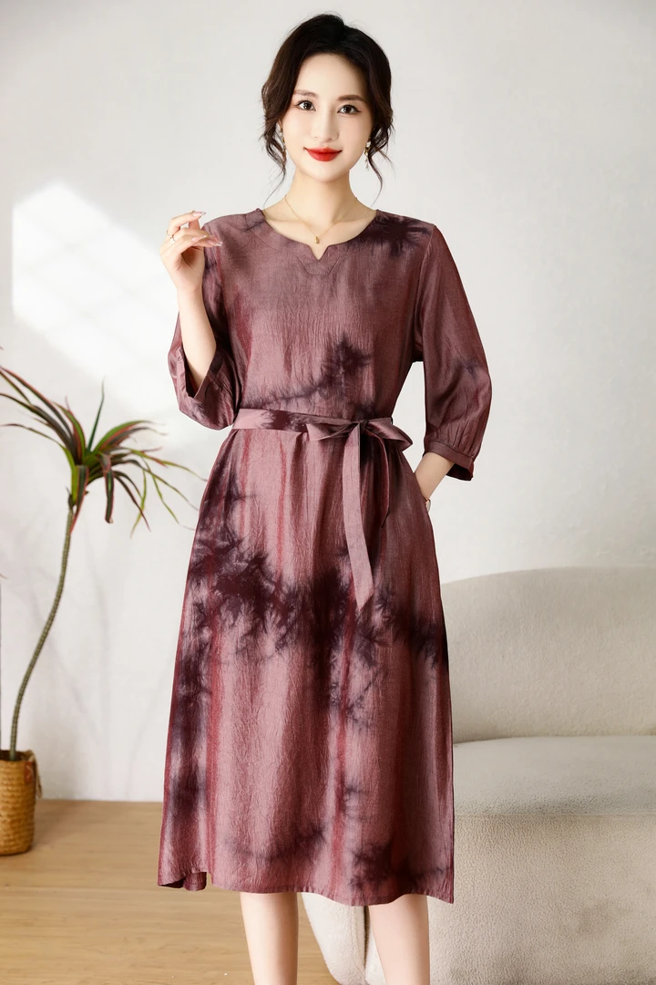 【时装高定款】扎染贵紫修身印花连衣裙女装大码连衣裙