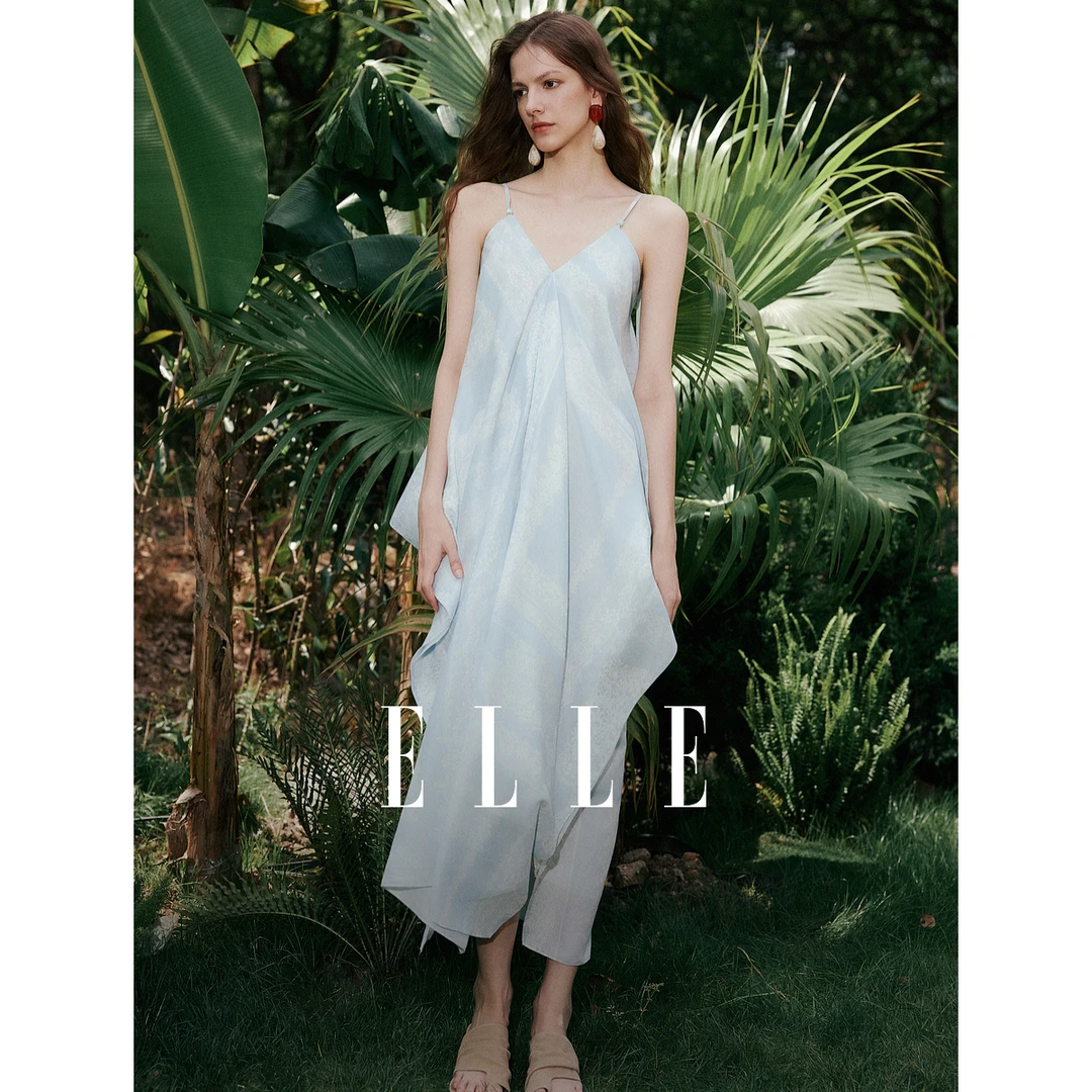 ELLE复古文艺印花吊带连衣裙女2025夏季新款设计感EL51956
