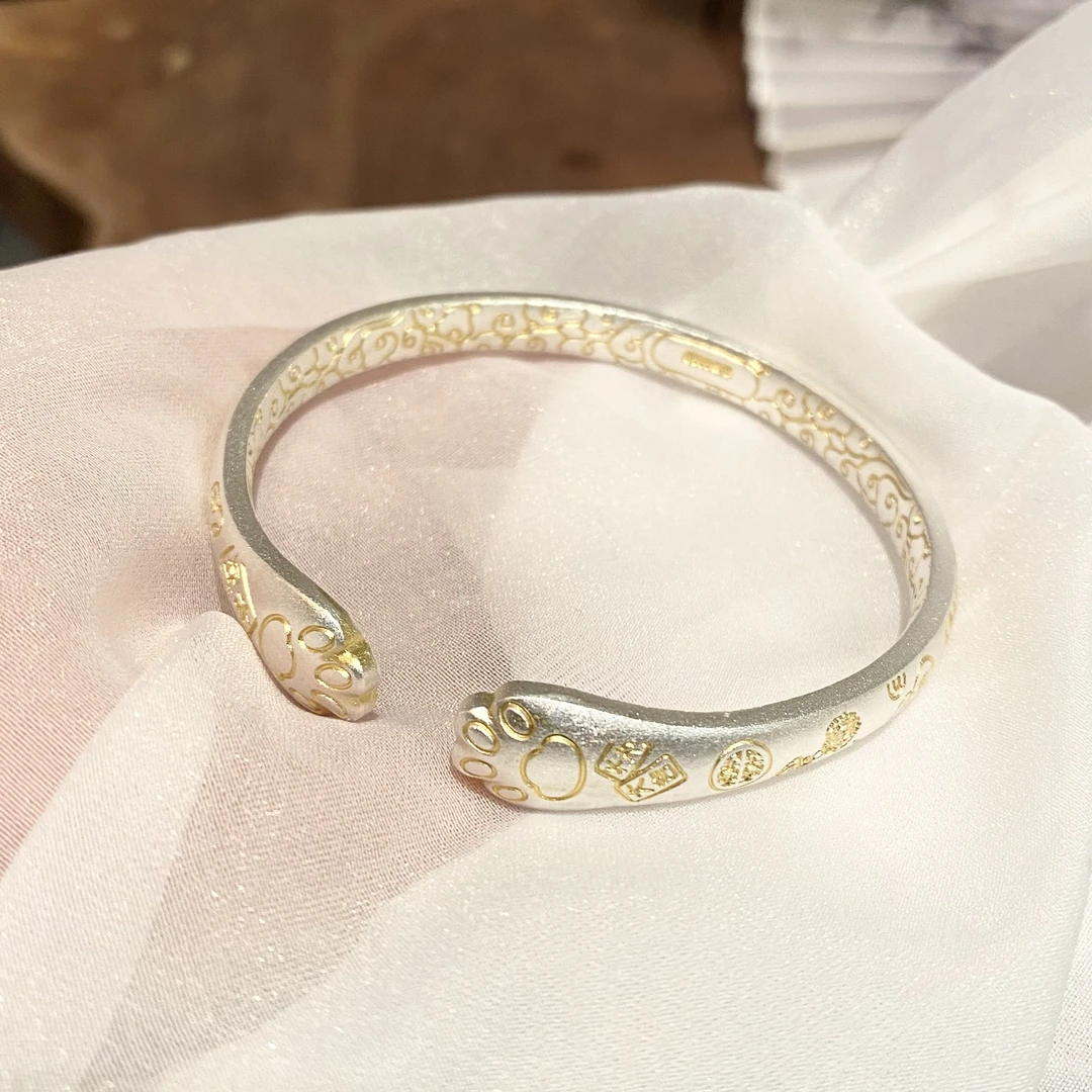 足银手镯 招财猫描金手工百搭开口手镯新中式国风鎏金足银999.9