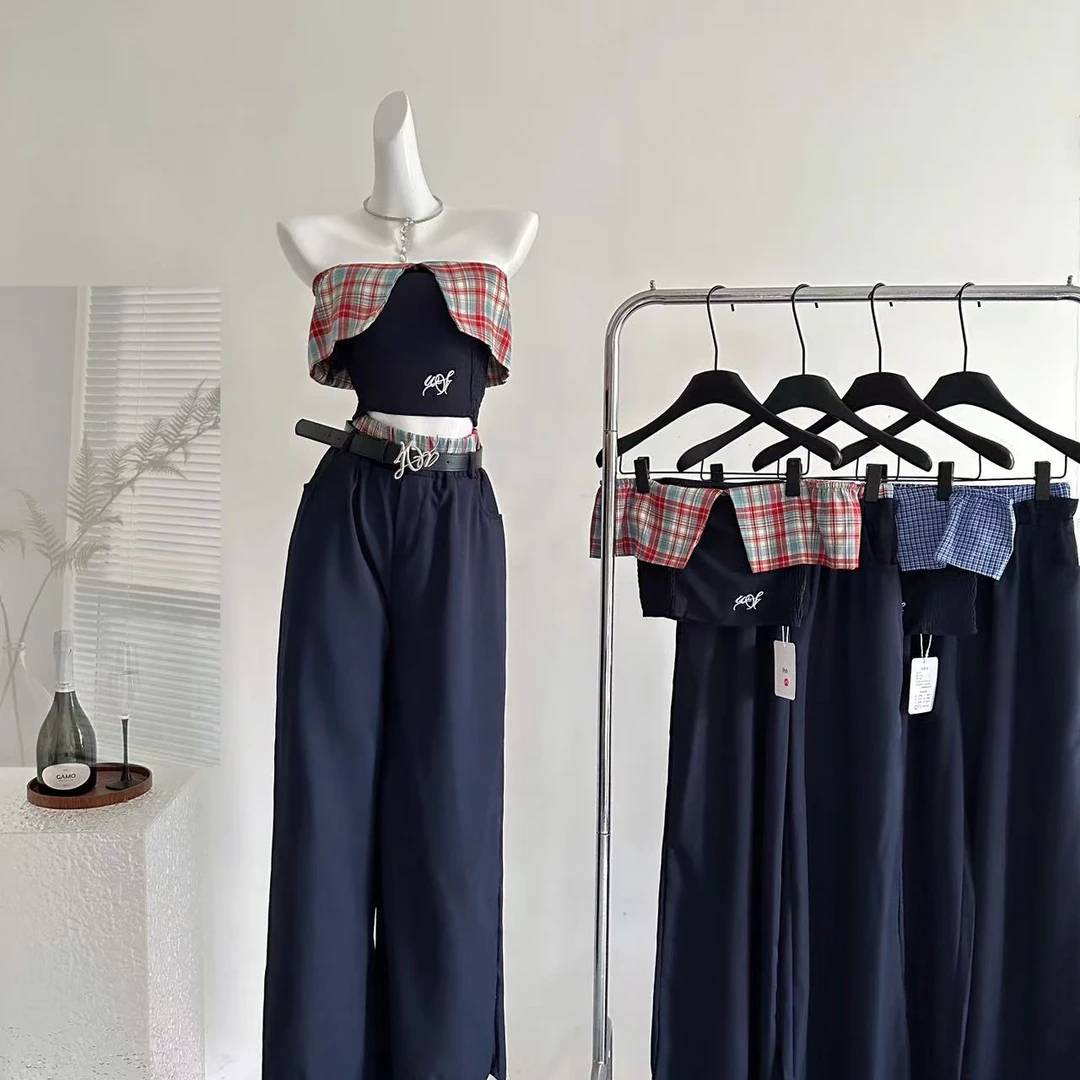 设计感辣妹时尚套装女2025夏刺绣一字肩上衣格子拼接休闲裤两件套