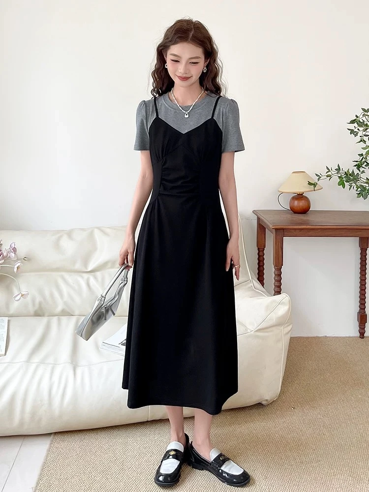 【蜜蜜家】极简风夏季假两件拼接显瘦气质纯色连衣裙-2575