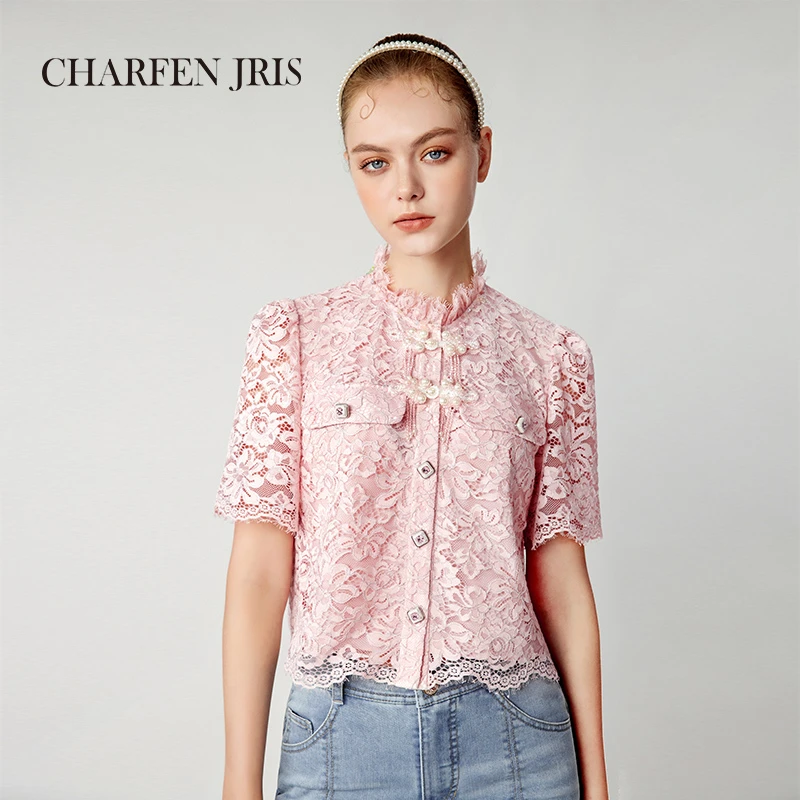 【媛媛专享】朝峰春新款立领浪漫蕾丝小香衬衣FJE2H666-6093T