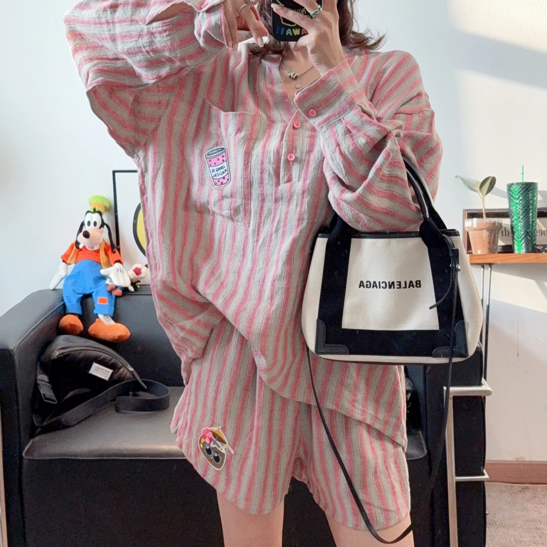 2025夏季新款超洋气粉咖竖条纹亚麻休闲套装女宽松显瘦减龄透气