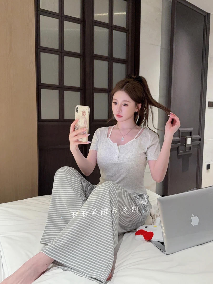 【可可】韩系纯欲风睡衣女带胸垫夏季代尔棉显瘦条纹家居服可外穿