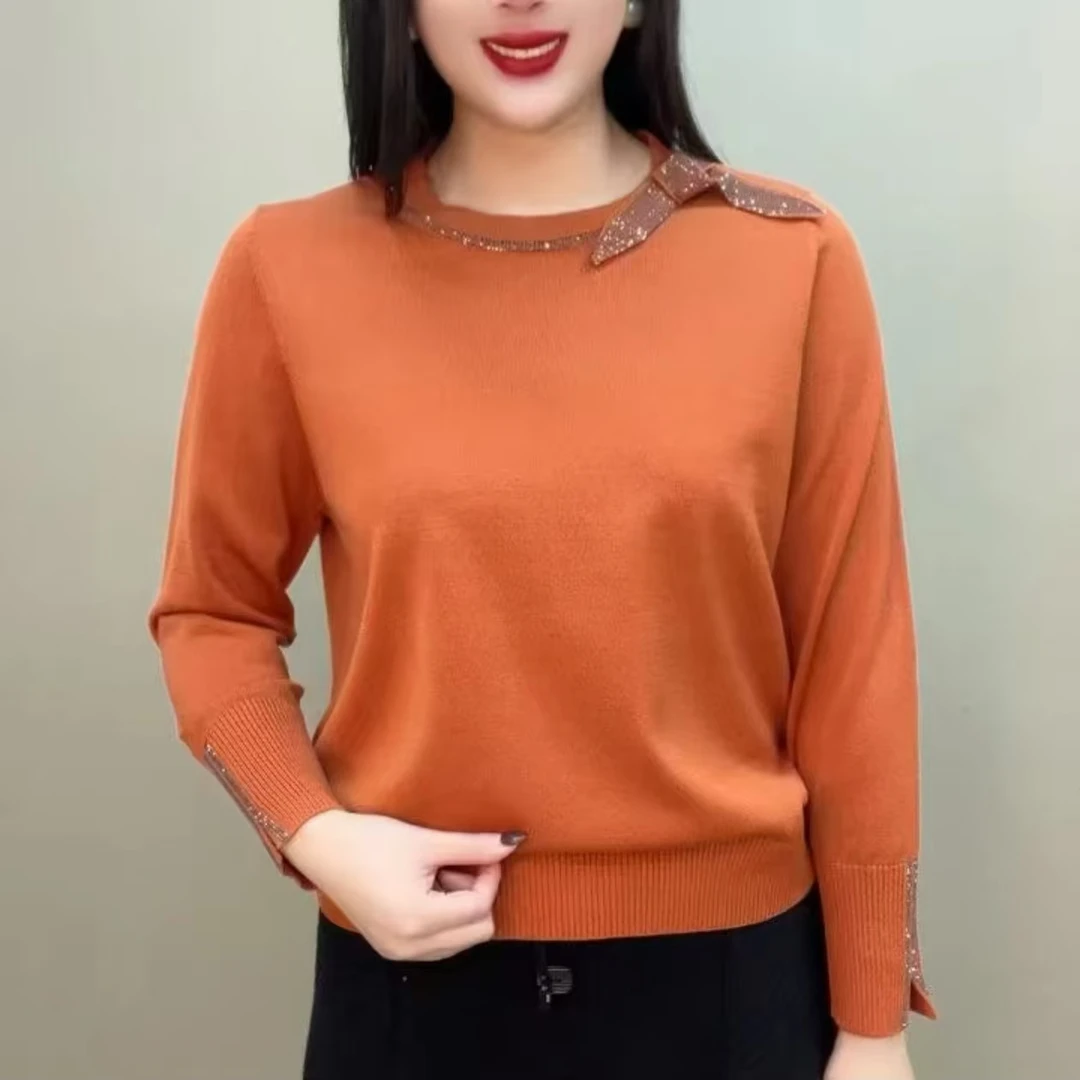 春季新款蝴蝶结烫钻套头针织衫上衣洋气宽松妈妈装2025气质网红