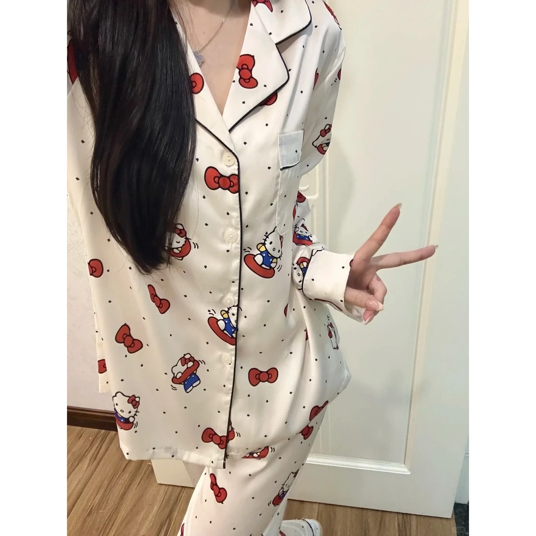 【凯蒂猫蝴蝶结】白色卡通波点印花冰丝睡衣女春秋新款家居服套装