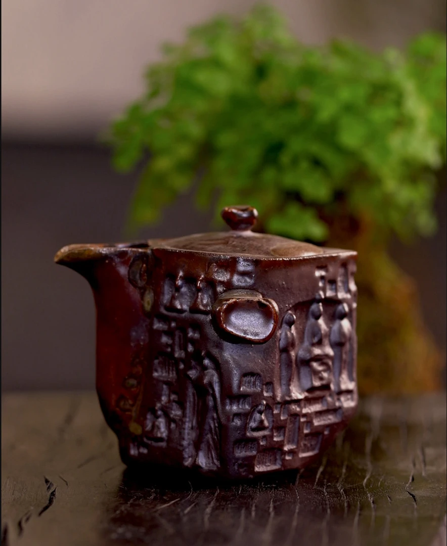 李现锋石窟柴烧宝瓶石窟手抓壶泡瓶侘寂风纯手捏陶瓷茶壶泡壶陶瓷