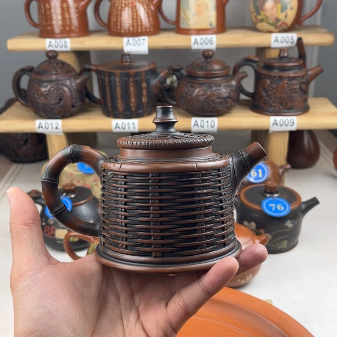 壶230cc满雕竹编，建水紫陶老手艺人全手工制作