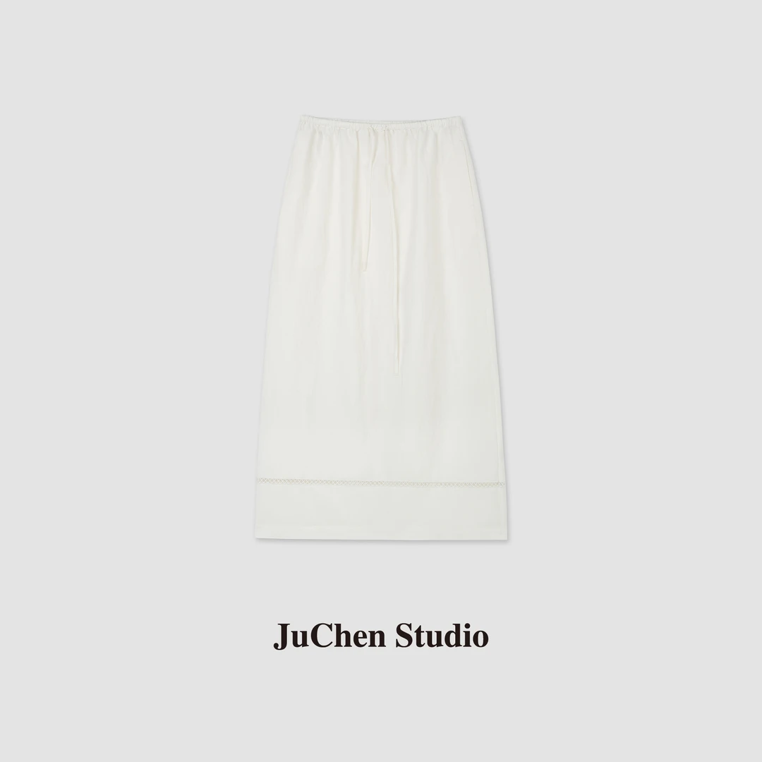 天然棉麻镂空刺绣松紧腰显瘦纯色直筒半身裙 SS062679