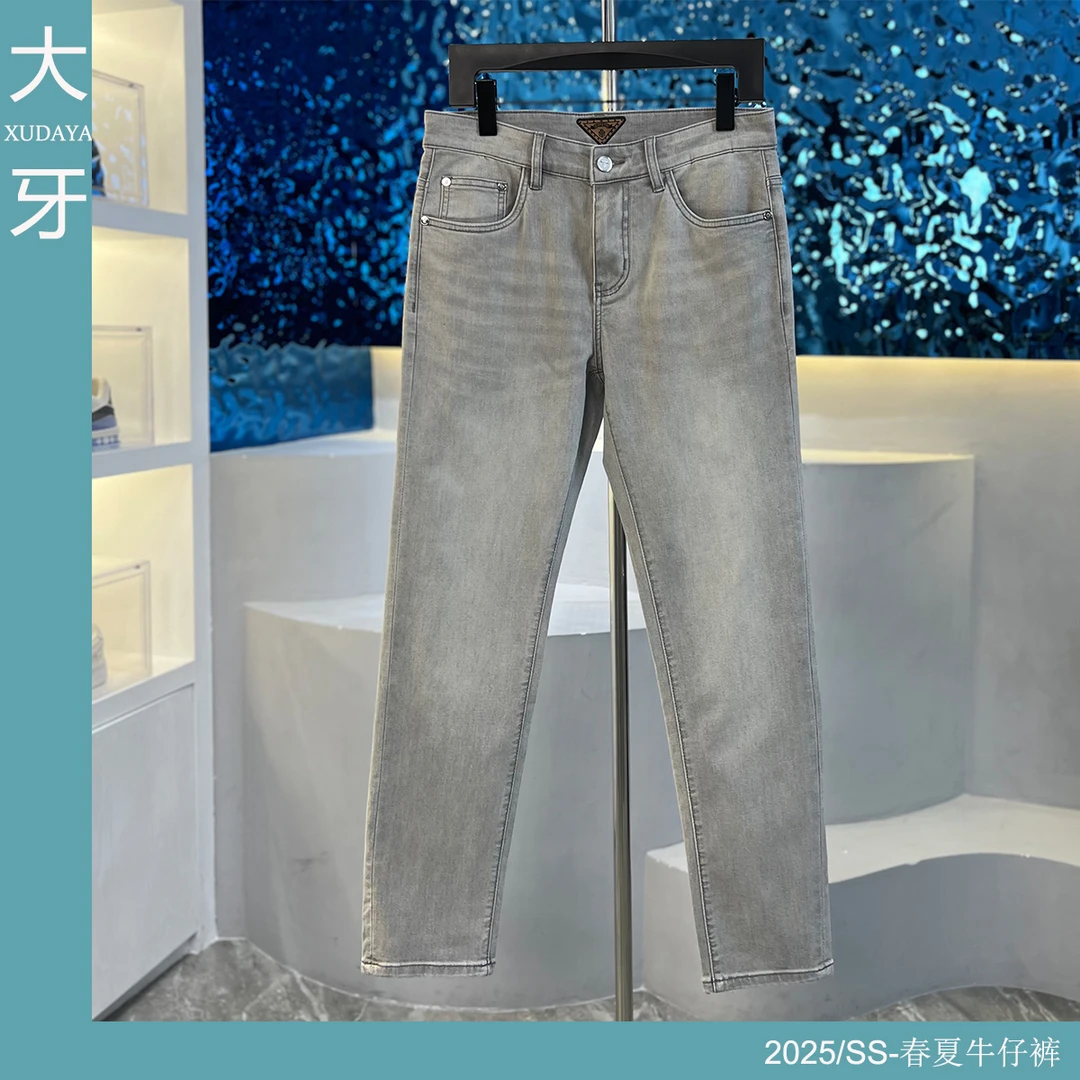 【大牙】三角灰白色牛仔裤男2025春夏男时尚轻奢百搭弹力修身小直筒