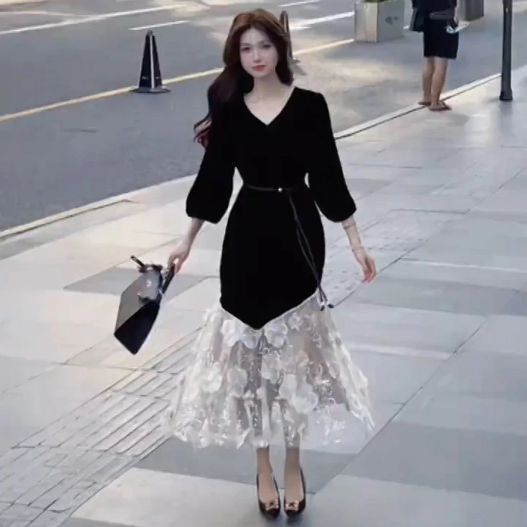 巨好看秋日法式气质长袖连衣裙女秋季新款时髦洋气中长款拼接长裙