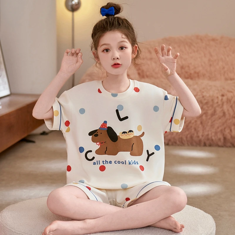 女童纯棉睡衣夏季薄款短袖短裤套装卡通女孩宝宝夏天中大童空调服