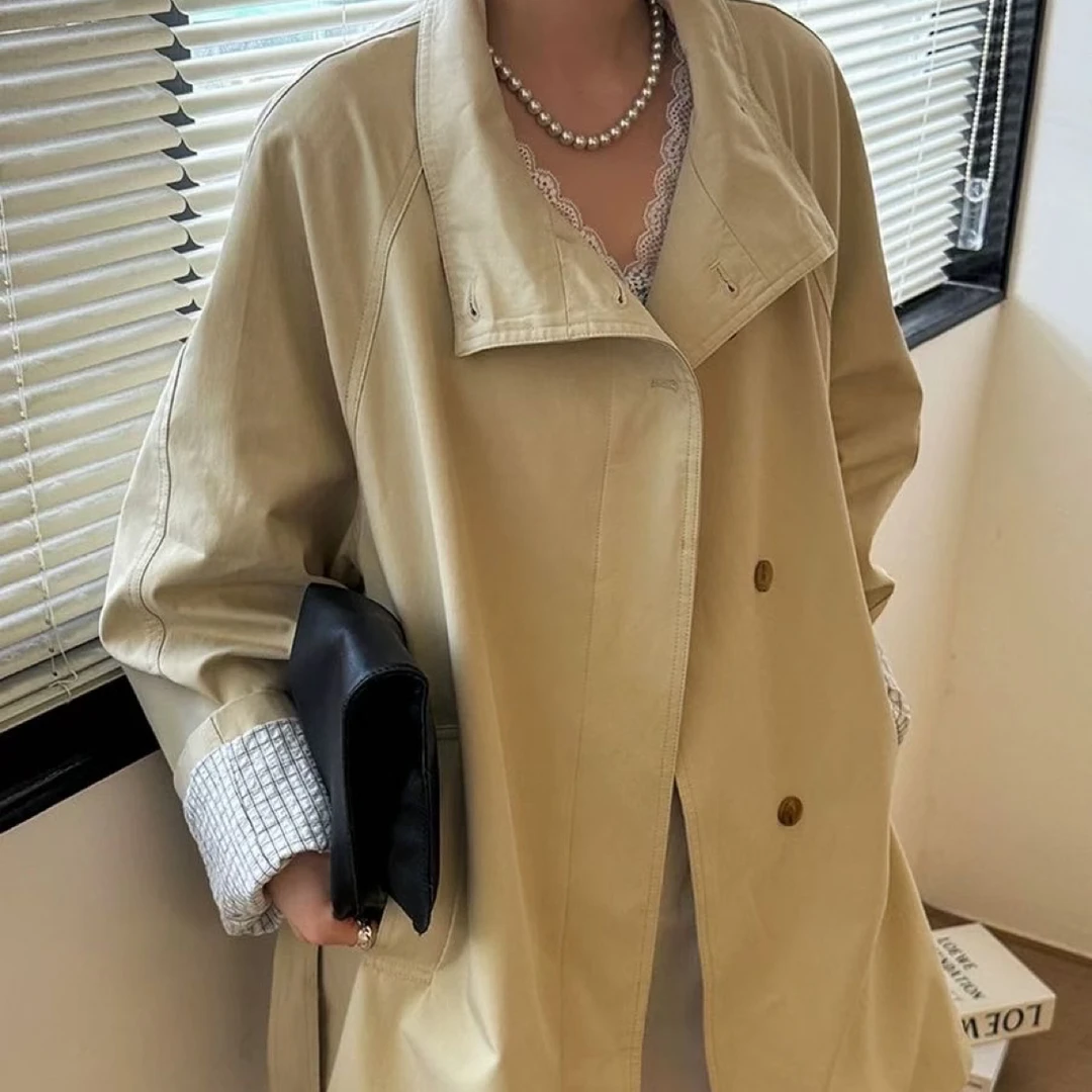 2232英伦风立领垂感宽松显瘦中长款休闲风衣外套女春秋款百搭秋季