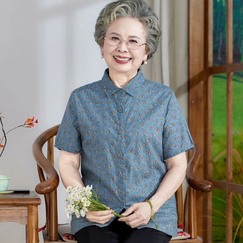老年人夏装女衬衫纯棉短袖奶奶装套装老太太老人衣服妈妈全棉上衣