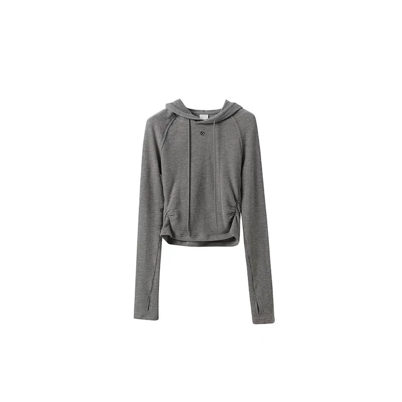 VenaLabel 孙芮同款T恤 24年春夏新款修身长袖短款连帽褶皱女T恤