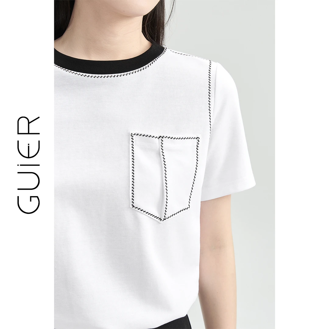 圆领短袖T恤女2025新款夏撞色刺绣口袋休闲百搭正肩上衣NT0379