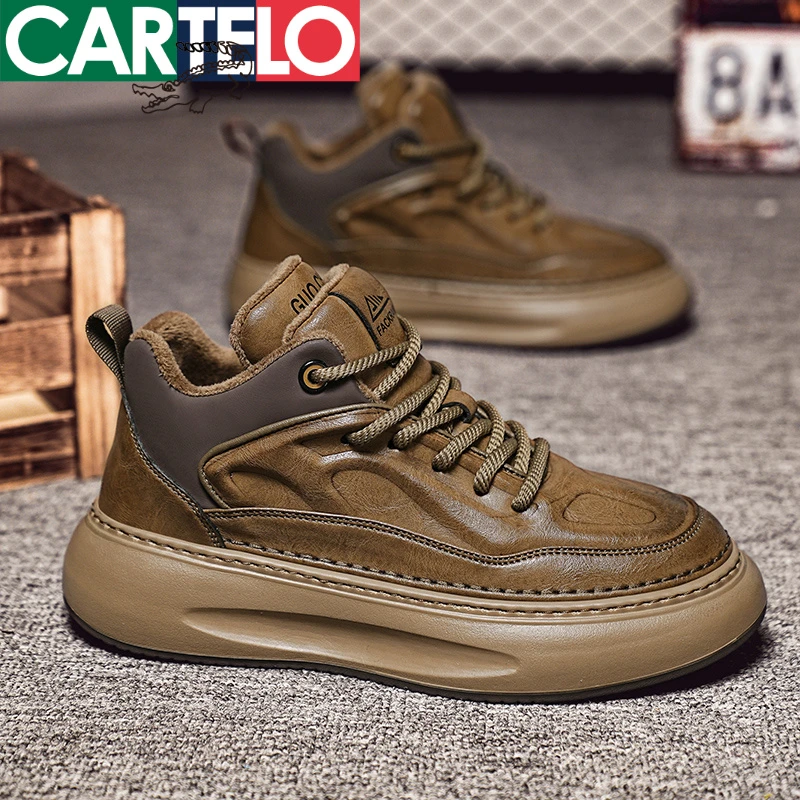 卡帝乐鳄鱼高帮鞋子男2025冬季款时尚百搭复古休闲皮鞋加绒老爹鞋