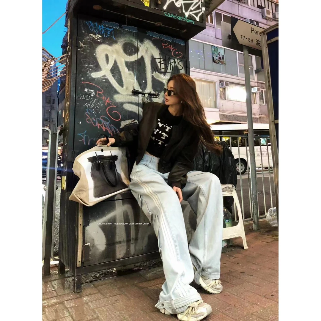 小鱼【三条杠工装裤】美式高街阔腿设计感牛仔裤LWJ24C3K1508