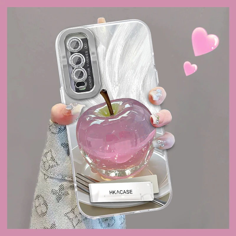 适用于vivoy70s精孔羽纱晶莹粉苹果网红个性创意支架全包手机壳女