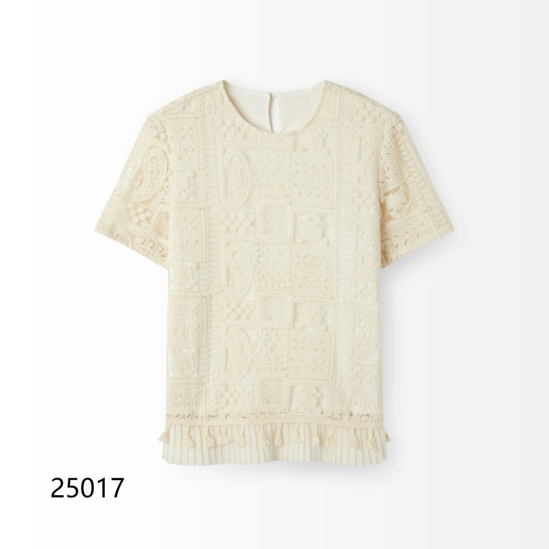 【WUGEE】高定镂空新中式时尚休闲女士夏圆领提花套头短袖T恤25017