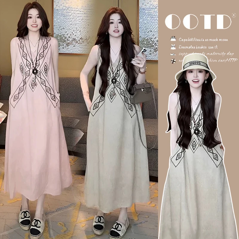 2025夏季孕妇装刺绣无袖长款棉麻民族风透气连衣裙